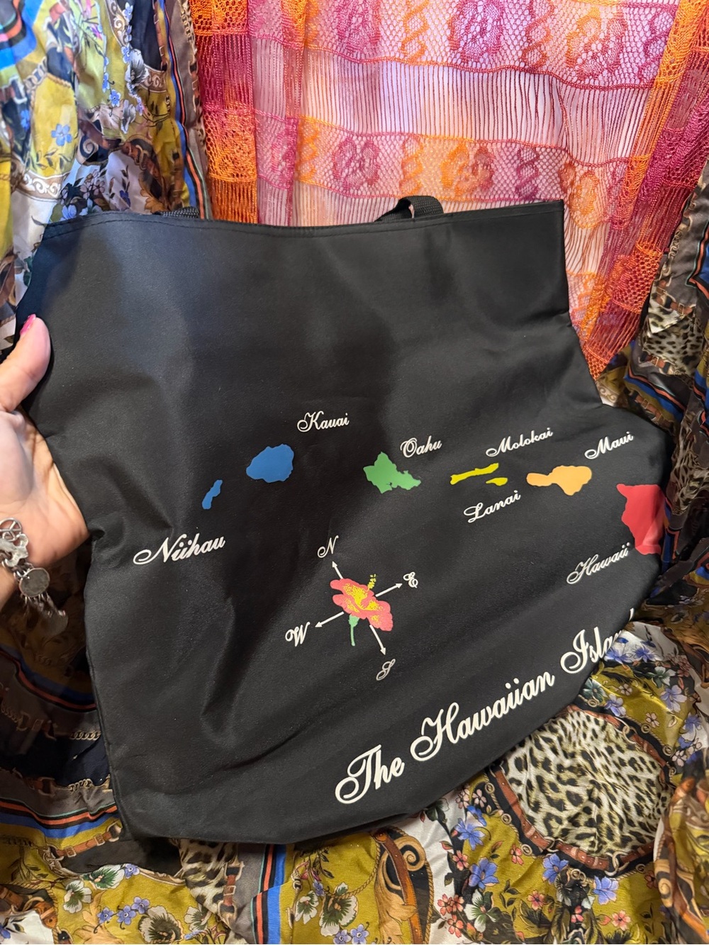 Sony Costumes The Hawaiian Isle Black Tote Bag with Colorful Island Map Vintage